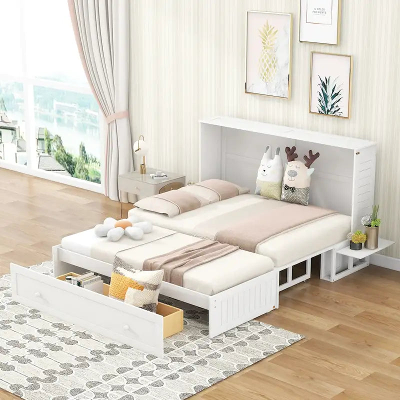 Letto a scomparsa mobile Nestfair bianco queen size con cassetto e ripiani