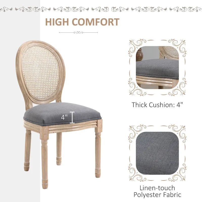Set di sedie da pranzo imbottite in stile francese HOMCOM, sedie laterali senza braccioli con schienale in rattan e rivestimento effetto lino