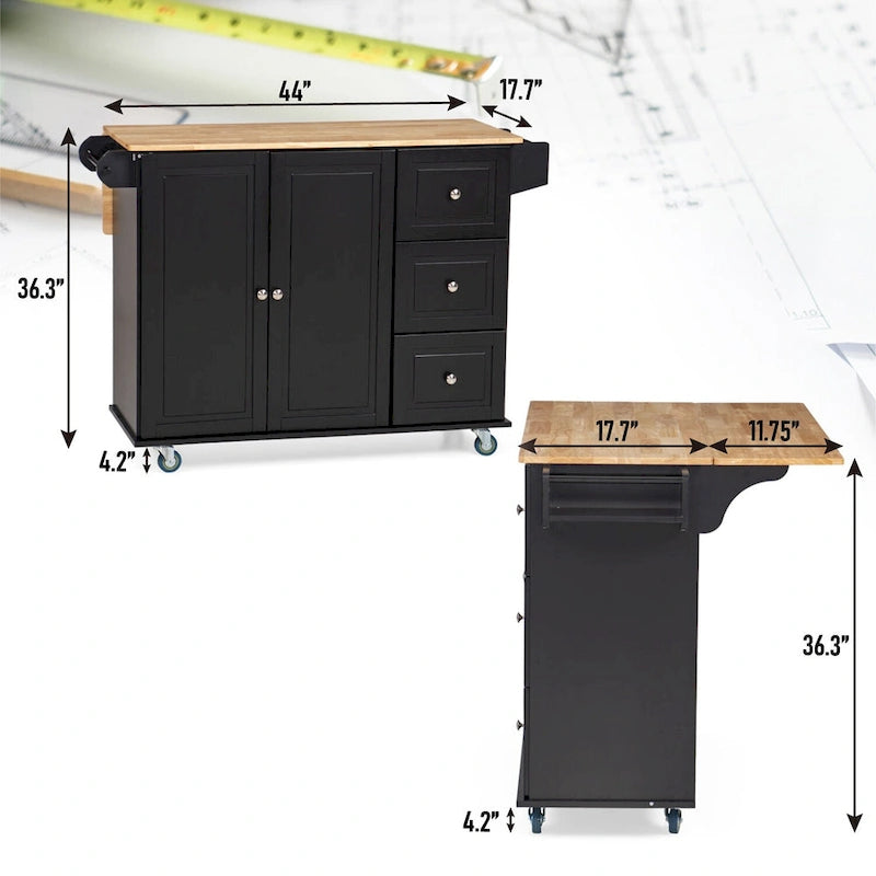 Carrello da cucina Sophia &amp; William con ribaltina e piano in legno di caucciù, carrello da cucina con ruote e ampio mobiletto portaoggetti