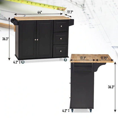 Carrello da cucina Sophia &amp; William con ribaltina e piano in legno di caucciù, carrello da cucina con ruote e ampio mobiletto portaoggetti