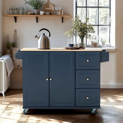 Carrello da cucina Sophia &amp; William con ribaltina e piano in legno di caucciù, carrello da cucina con ruote e ampio mobiletto portaoggetti