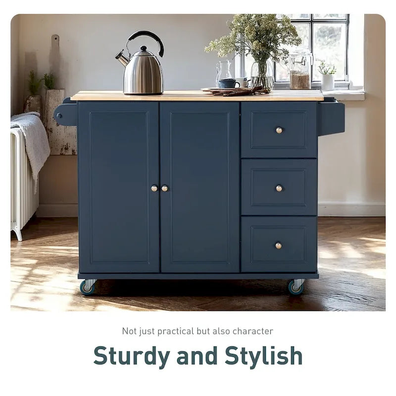 Carrello da cucina Sophia &amp; William con ribaltina e piano in legno di caucciù, carrello da cucina con ruote e ampio mobiletto portaoggetti