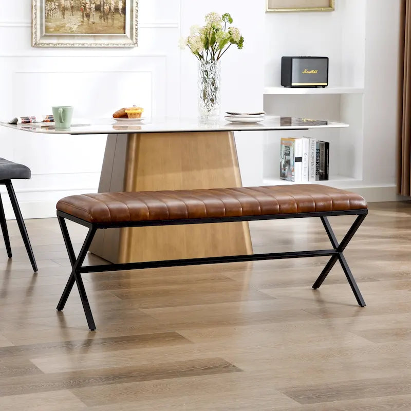 Panca da pranzo imbottita in similpelle trapuntata, lunghezza 46,5 cm, con gambe a X in metallo