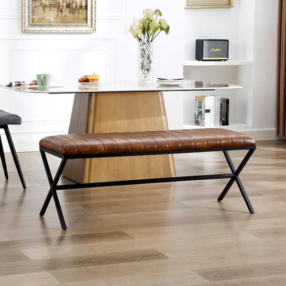 Panca da pranzo imbottita in similpelle trapuntata, lunghezza 46,5 cm, con gambe a X in metallo