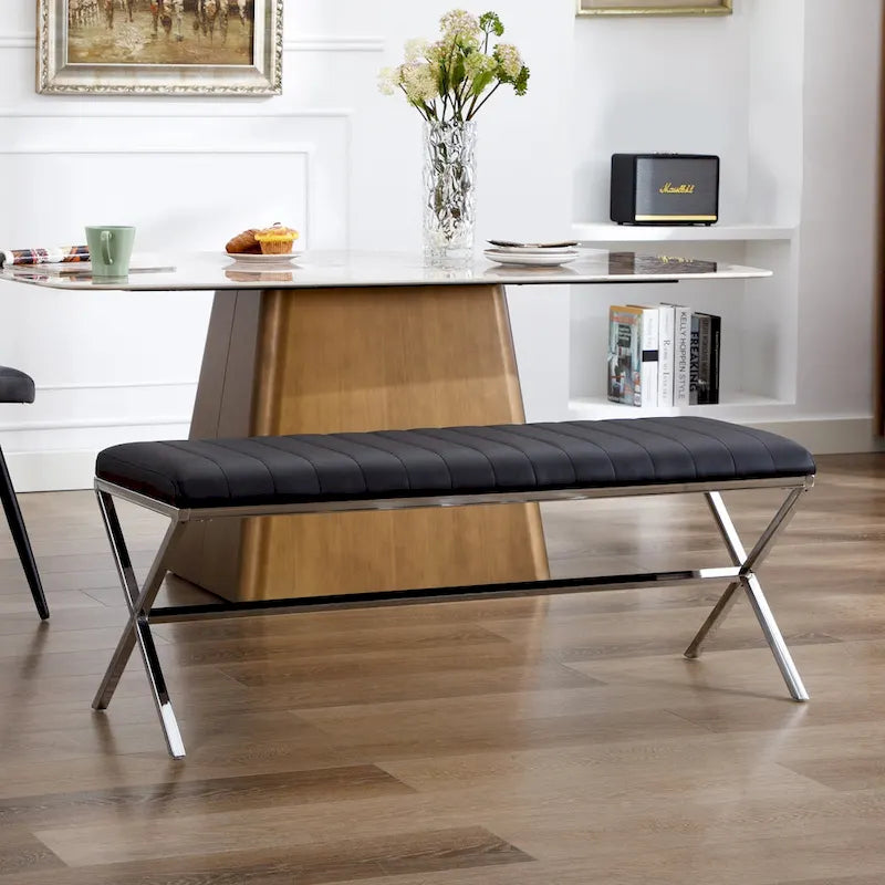 Tufted Faux Leather 46.5   Length Upholstered Dining Bench with Metal X Legs