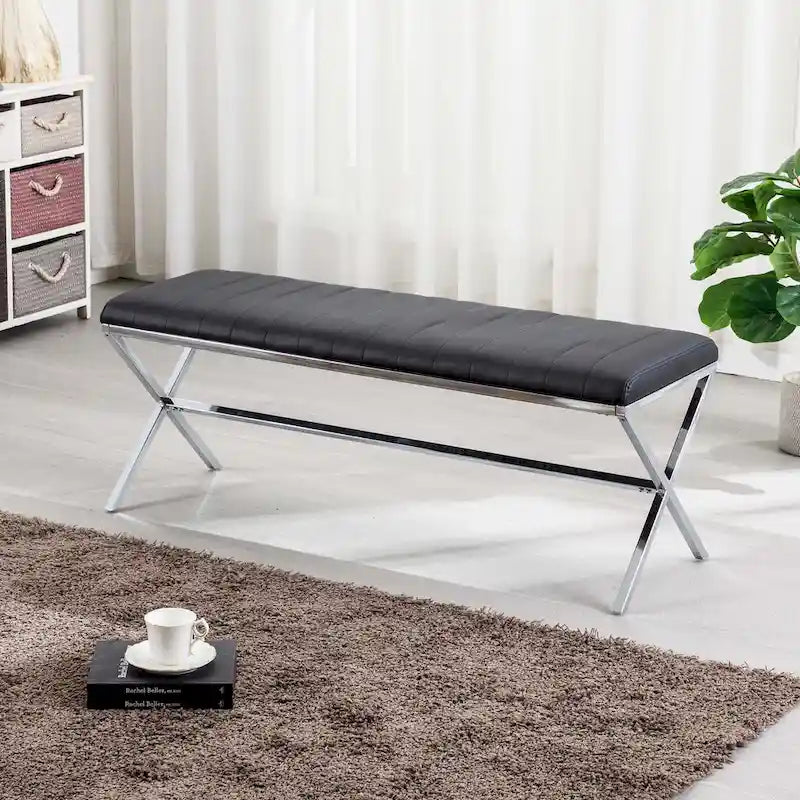 Panca da pranzo imbottita in similpelle trapuntata, lunghezza 46,5 cm, con gambe a X in metallo