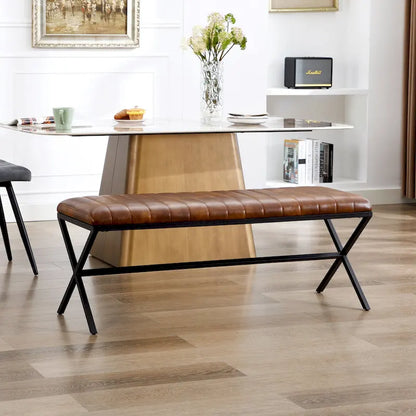 Panca da pranzo imbottita in similpelle trapuntata, lunghezza 46,5 cm, con gambe a X in metallo