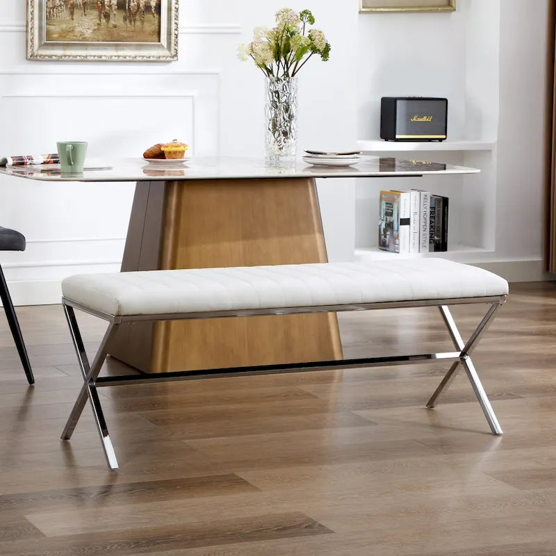 Panca da pranzo imbottita in similpelle trapuntata, lunghezza 46,5 cm, con gambe a X in metallo