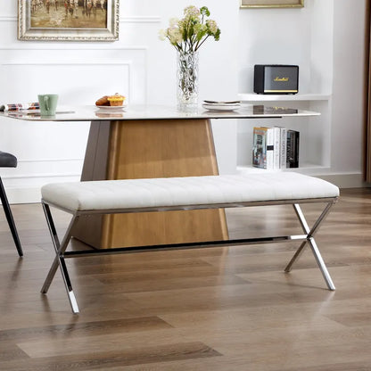 Panca da pranzo imbottita in similpelle trapuntata, lunghezza 46,5 cm, con gambe a X in metallo