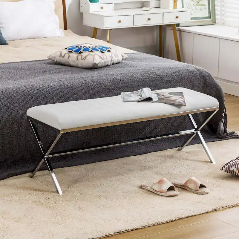 Panca da pranzo imbottita in similpelle trapuntata, lunghezza 46,5 cm, con gambe a X in metallo