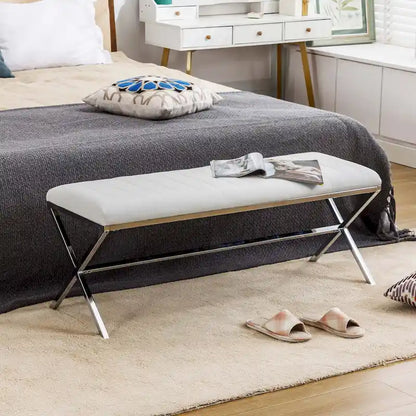 Panca da pranzo imbottita in similpelle trapuntata, lunghezza 46,5 cm, con gambe a X in metallo