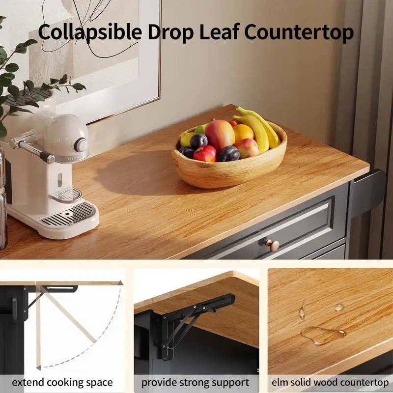 Carrello da cucina con piano in legno massello e ruote bloccabili