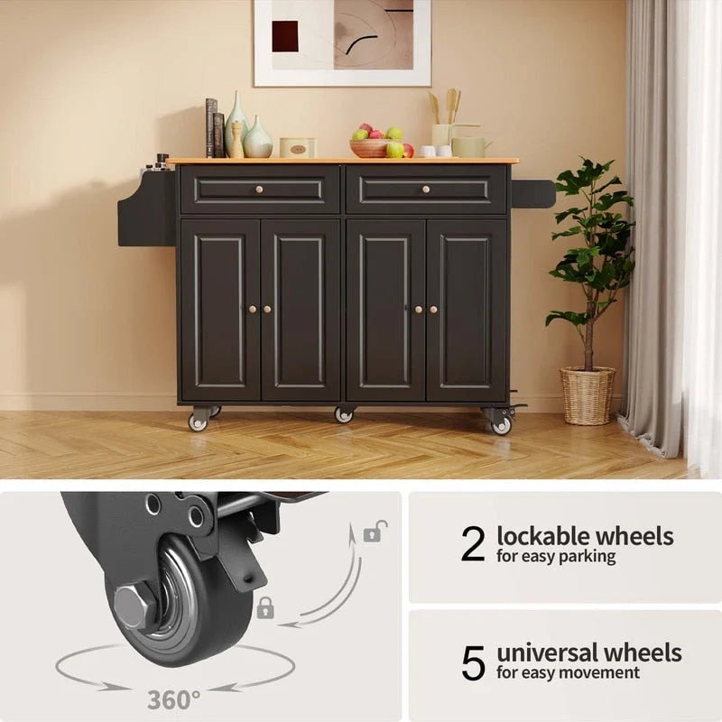 Carrello da cucina con piano in legno massello e ruote bloccabili