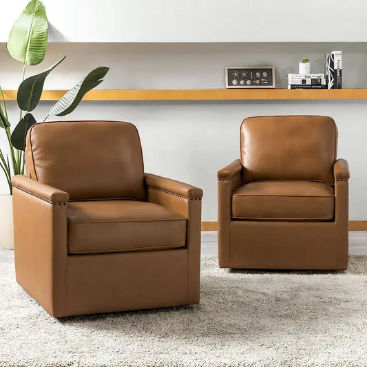 Rita Classic Genuine Leather Swivel Armchair With Nailhead Trims Set Of 2 By HULALA HOME