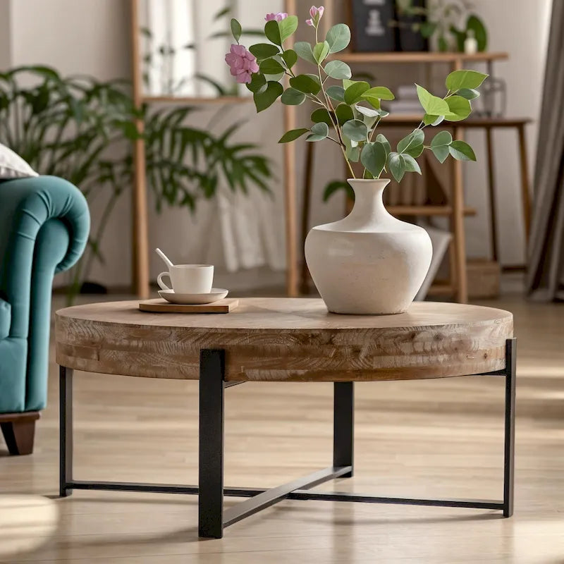 Tavolino da caffè rotondo in legno con gambe incrociate, stile retrò moderno, 33,86