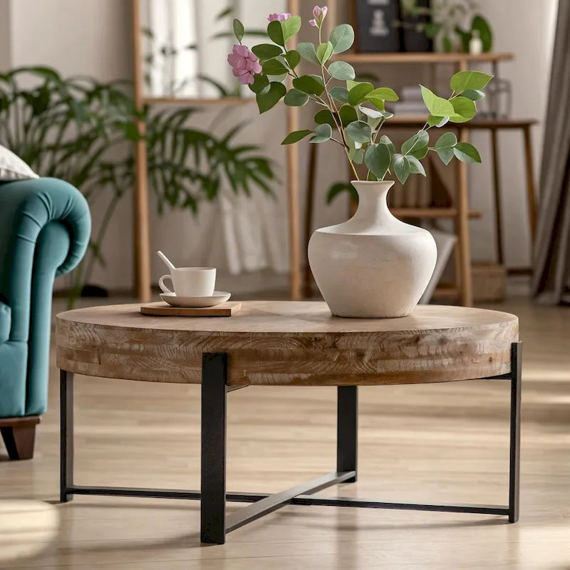 33.86   Modern Retro Splicing Wooden Round Coffee Table with Cross Legs Base