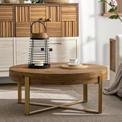 Tavolino da caffè rotondo in legno con gambe incrociate, stile retrò moderno, 33,86