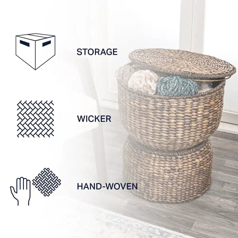 happimess Bhola 18 Tavolino portaoggetti in giacinto intrecciato a mano con coperchio