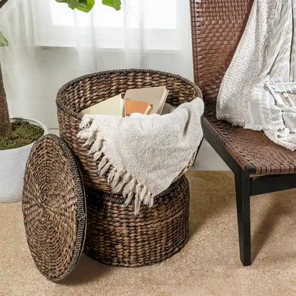 happimess Bhola 18 Tavolino portaoggetti in giacinto intrecciato a mano con coperchio