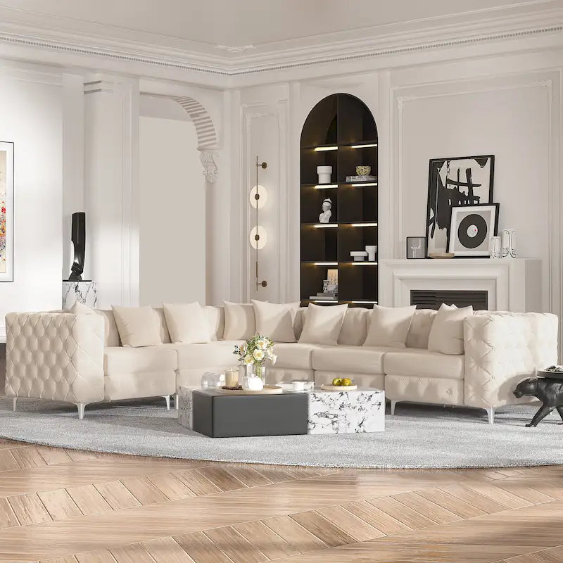 Divano componibile a L di grandi dimensioni, divano componibile in velluto a 6 posti