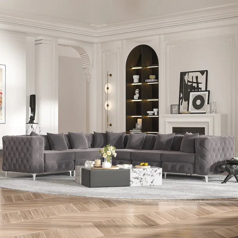 Divano componibile a L di grandi dimensioni, divano componibile in velluto a 6 posti