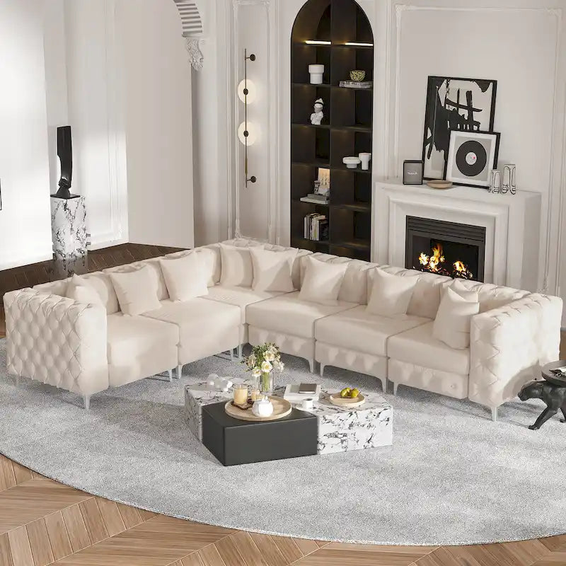 Large L-Shaped Modular Sofa, 6-Seat Velvet Sectional Couch