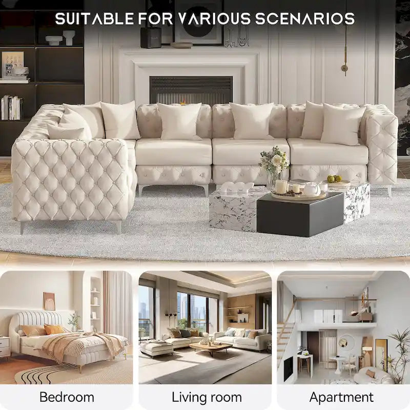 Divano componibile a L di grandi dimensioni, divano componibile in velluto a 6 posti