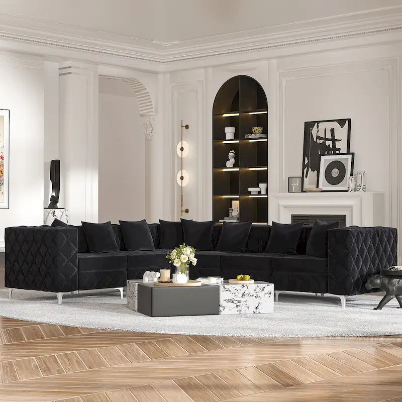 Divano componibile a L di grandi dimensioni, divano componibile in velluto a 6 posti