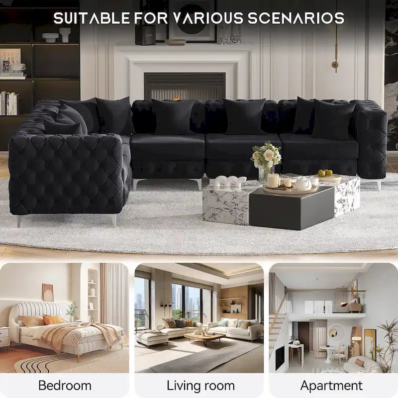 Divano componibile a L di grandi dimensioni, divano componibile in velluto a 6 posti