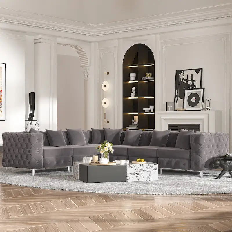 Divano componibile a L di grandi dimensioni, divano componibile in velluto a 6 posti