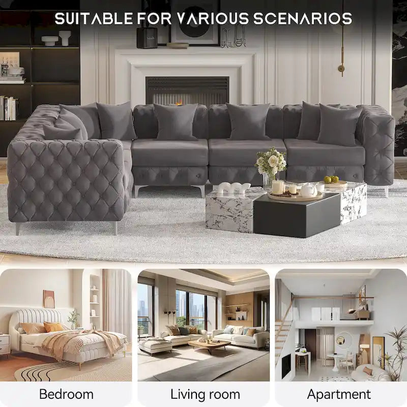 Divano componibile a L di grandi dimensioni, divano componibile in velluto a 6 posti