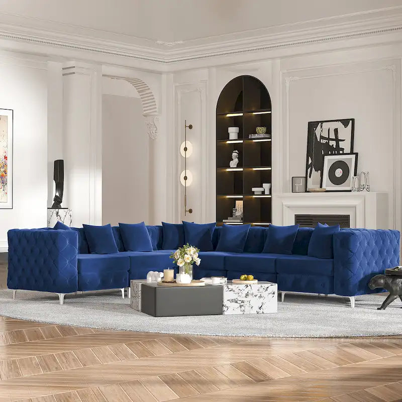 Divano componibile a L di grandi dimensioni, divano componibile in velluto a 6 posti