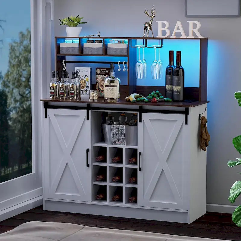Coffee Bar Cabinet, 47   Sideboard Buffet Cabinet with 20-color LED Lights and 6.5FT Outlet