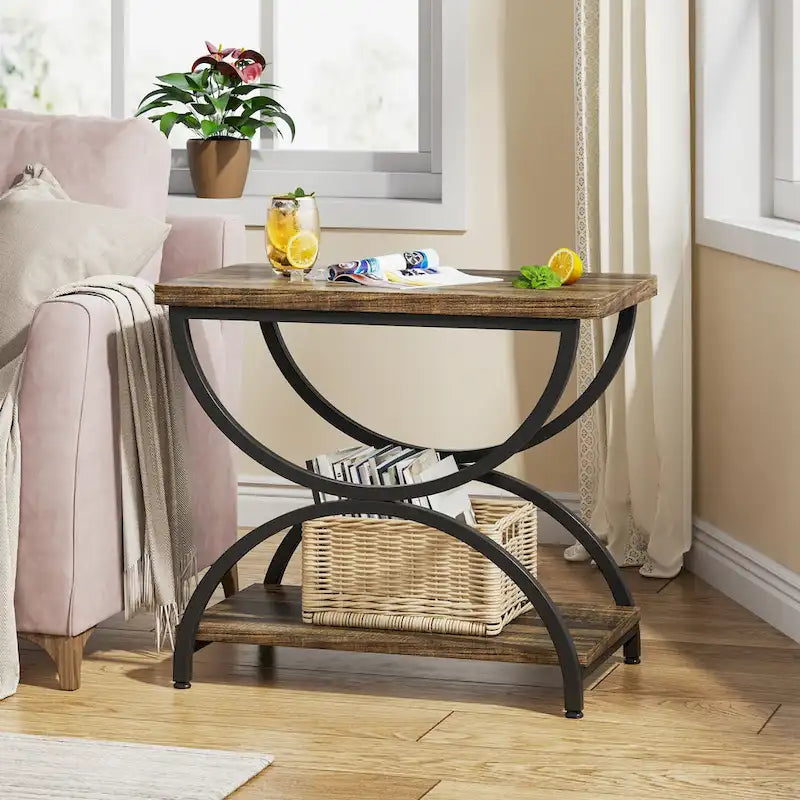 Tavolino laterale rettangolare da 23 pollici con 2 ripiani ed elegante struttura in metallo per comodino da camera da letto, comodino, lato divano