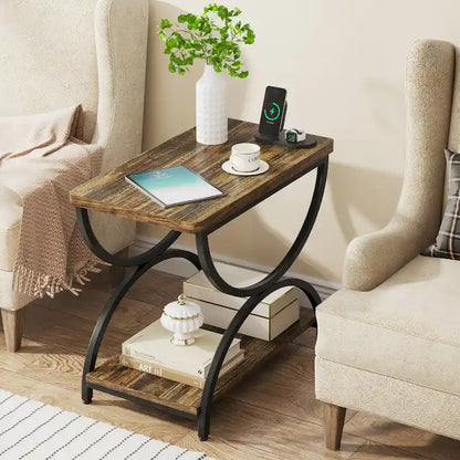 Tavolino laterale rettangolare da 23 pollici con 2 ripiani ed elegante struttura in metallo per comodino da camera da letto, comodino, lato divano