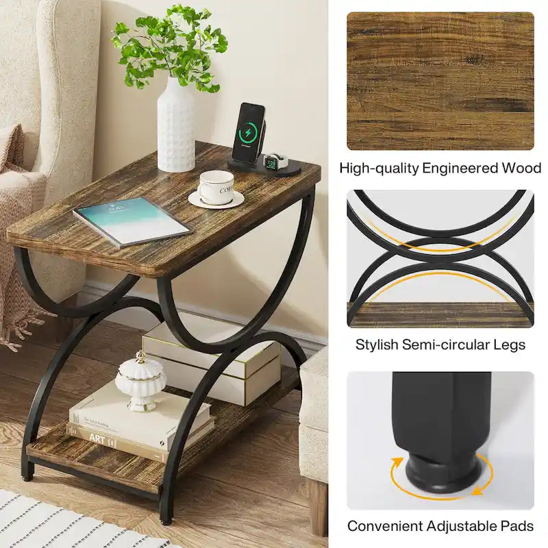 Tavolino laterale rettangolare da 23 pollici con 2 ripiani ed elegante struttura in metallo per comodino da camera da letto, comodino, lato divano