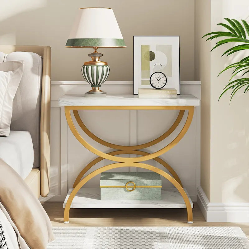Tavolino laterale rettangolare da 23 pollici con 2 ripiani ed elegante struttura in metallo per comodino da camera da letto, comodino, lato divano