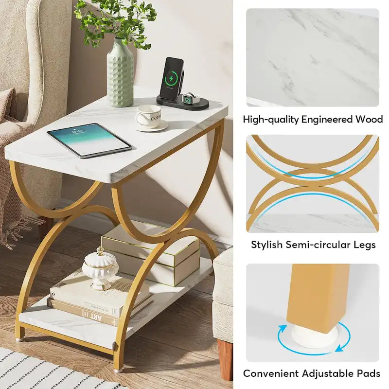 Tavolino laterale rettangolare da 23 pollici con 2 ripiani ed elegante struttura in metallo per comodino da camera da letto, comodino, lato divano