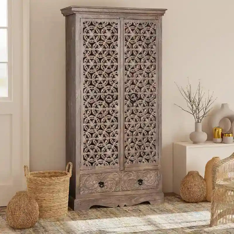 Maadze Mandolin 70.6   High Carved Armoire with Shelves and Drawers