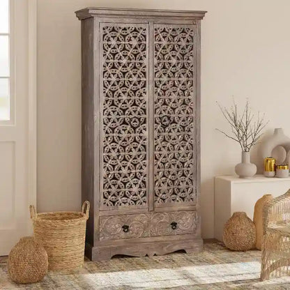 Maadze Mandolin 70.6   High Carved Armoire with Shelves and Drawers