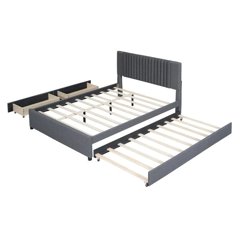 Letto a piattaforma imbottito in lino con 2 cassetti e rotelle, formato matrimoniale/matrimoniale
