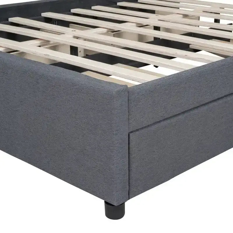 Letto a piattaforma imbottito in lino con 2 cassetti e rotelle, formato matrimoniale/matrimoniale