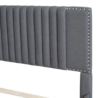 Letto a piattaforma imbottito in lino con 2 cassetti e rotelle, formato matrimoniale/matrimoniale