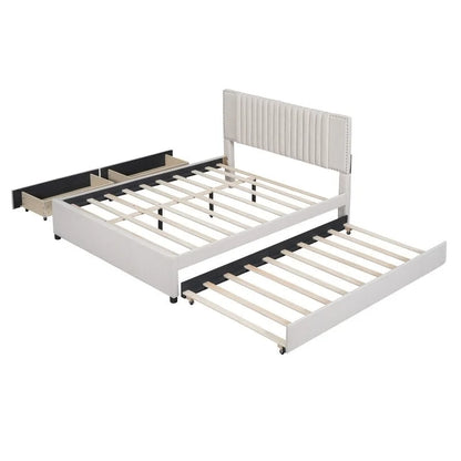 Letto a piattaforma imbottito in lino con 2 cassetti e rotelle, formato matrimoniale/matrimoniale