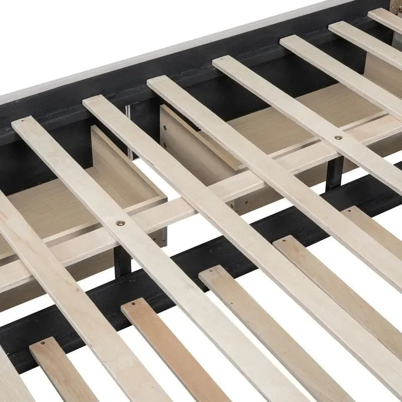 Letto a piattaforma imbottito in lino con 2 cassetti e rotelle, formato matrimoniale/matrimoniale