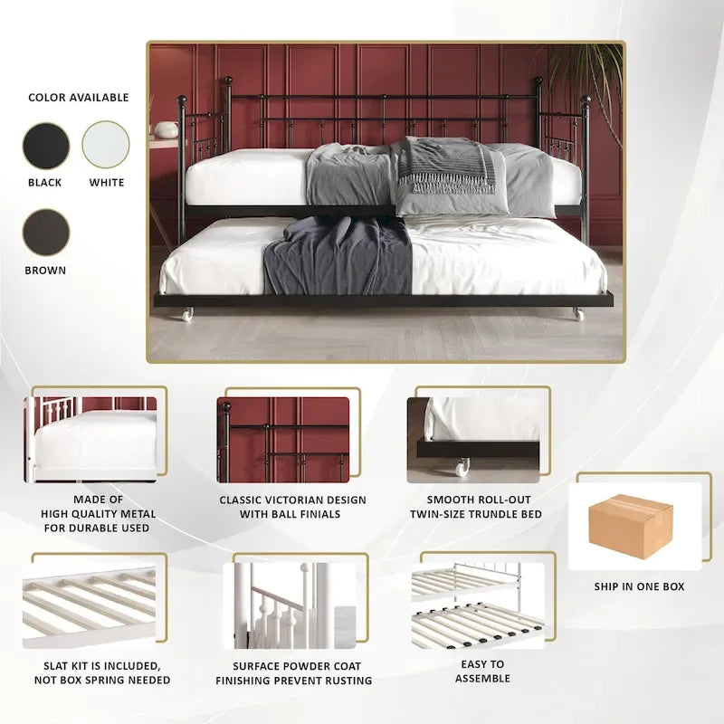 Divano letto matrimoniale classico vittoriano in metallo con rotelle CraftPorch