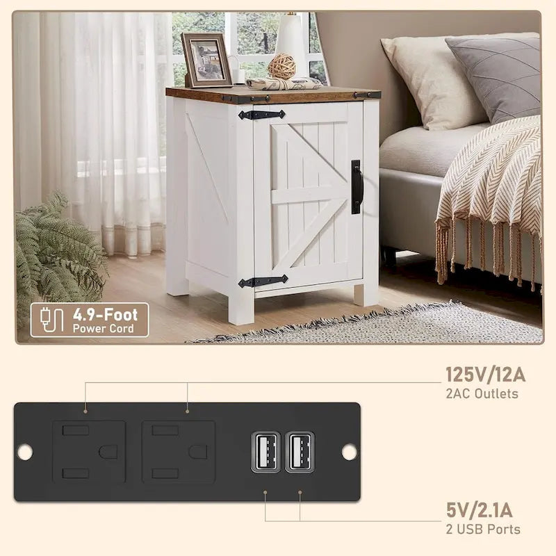 Comodino in legno rustico con stazione di ricarica, tavolino laterale, tavolino laterale