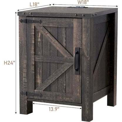 Comodino in legno rustico con stazione di ricarica, tavolino laterale, tavolino laterale