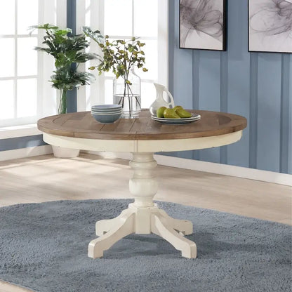 Roundhill Furniture Prato, set da pranzo rotondo da 5 pezzi con sedie con schienale a croce, bianco anticato e rovere anticato