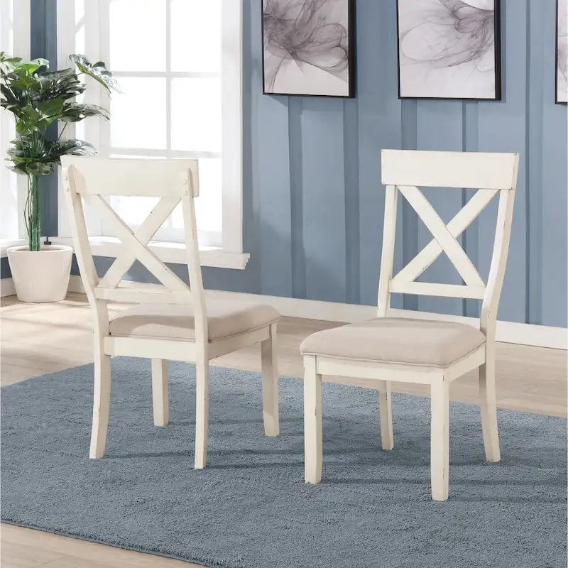 Roundhill Furniture Prato, set da pranzo rotondo da 5 pezzi con sedie con schienale a croce, bianco anticato e rovere anticato